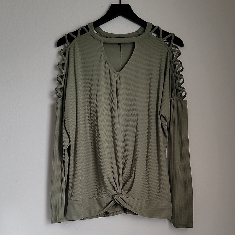 Buckle Black Olive Green Strappy Long Sleeve Size Medium Top Blouse